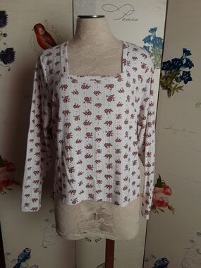 "Old Navy"  White Ribbed Square-Neck Long Sleeve Top with Rust Floral Print